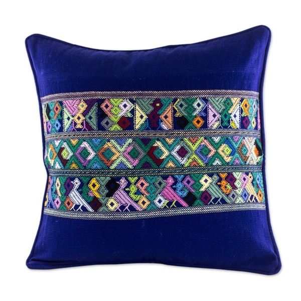 Alternate image for Blue Bird Theme Maya Backstrap Woven Cotton Cushion Cover Quiche Birds