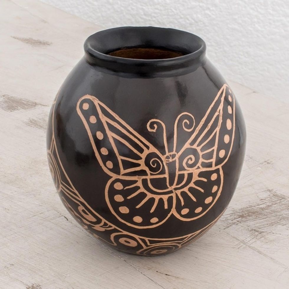 Ceramic Decorative Butterfly Vase in Black from Costa Rica 'Flying Beauty'