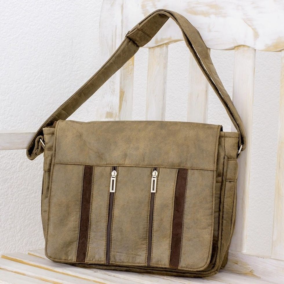 Handcrafted Brown Faux Leather Messenger Bag from Costa Rica 'Elegant Combination'