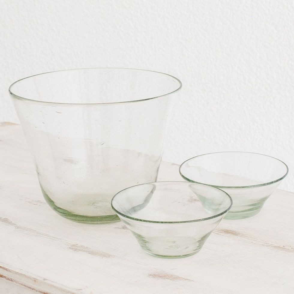 Handblown Recycled Clear Glass Salad Bowls Set of 3 'Clear Delight'