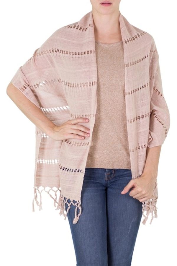 Alternate image for Handwoven Fringed Cotton Shawl in Champagne from Nicaragua Shaded Beauty in Champagne