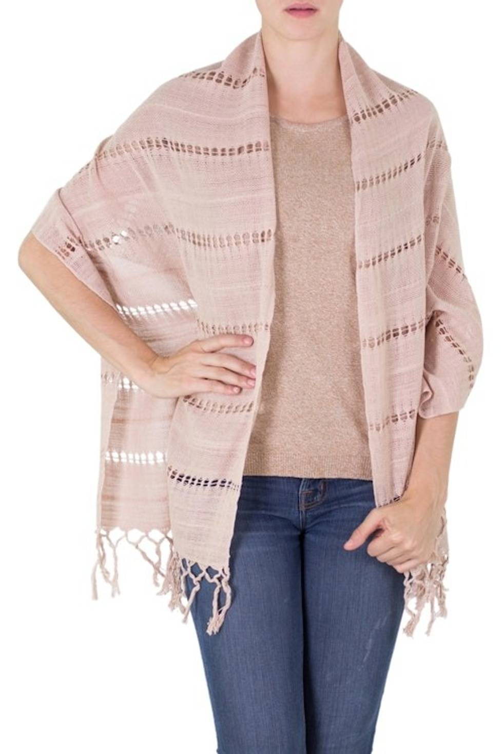 Handwoven Fringed Cotton Shawl in Champagne from Nicaragua 'Shaded Beauty in Champagne'