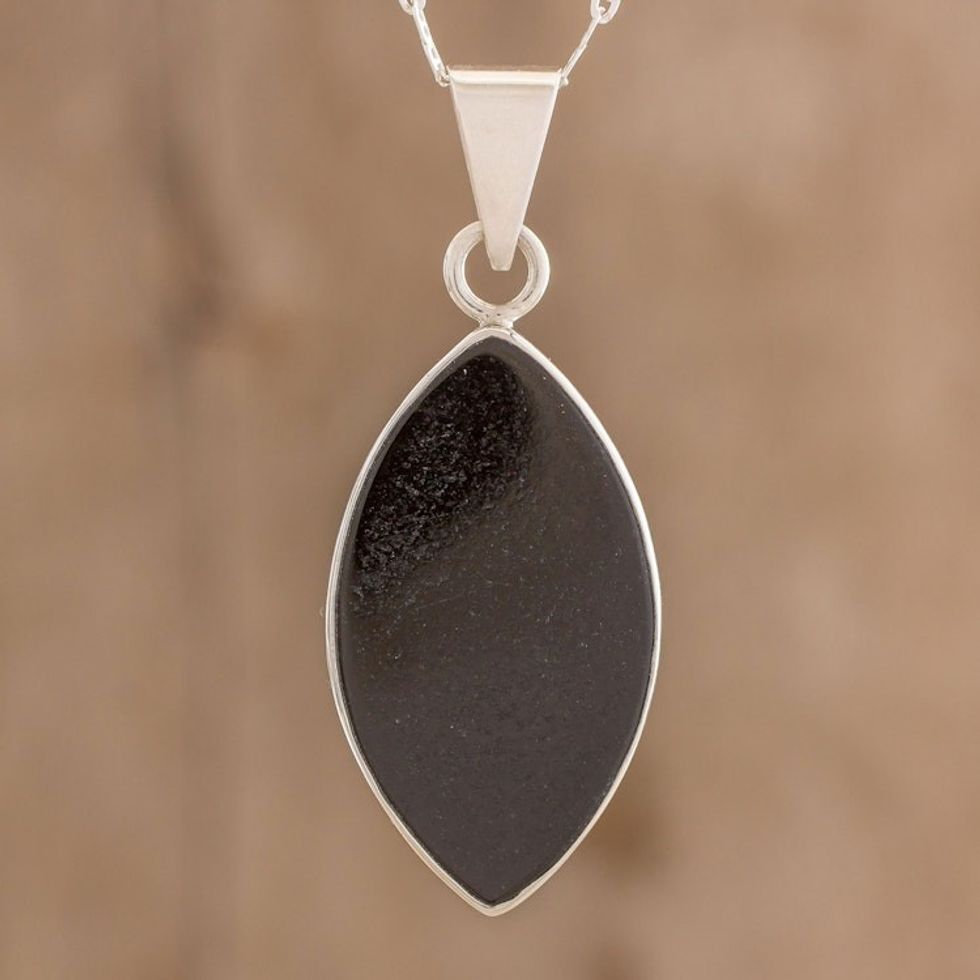 Reversible Black and Light Green Jade Pendant Necklace 'Ancient Leaf'