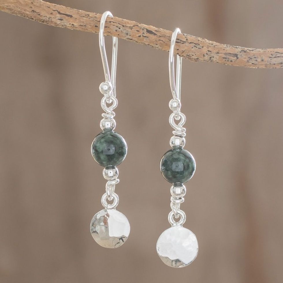Central American Sterling Silver Jade Dangle Earrings 'Maya Aesthetic'