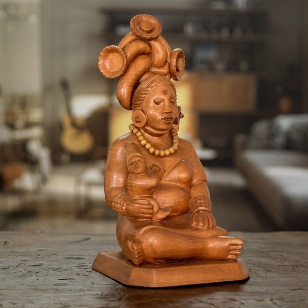 Alternate image for Handcrafted Cedar Mayan Sculpture from Guatemala Devoted Midwife