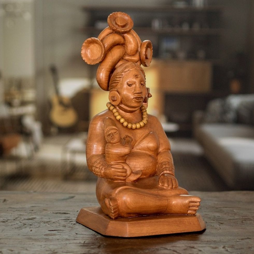 Handcrafted Cedar Mayan Sculpture from Guatemala 'Devoted Midwife'