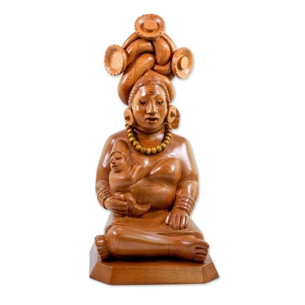 Alternate image for Handcrafted Cedar Mayan Sculpture from Guatemala Devoted Midwife