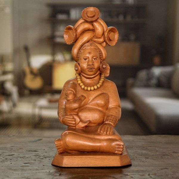 Alternate image for Handcrafted Cedar Mayan Sculpture from Guatemala Devoted Midwife