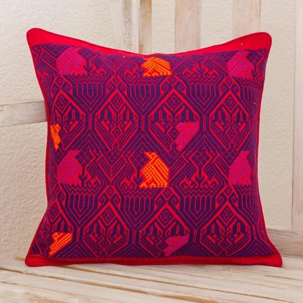 Alternate image for Handwoven Maya Backstrap Loom Red and Purple Cushion Cover Birds in Color