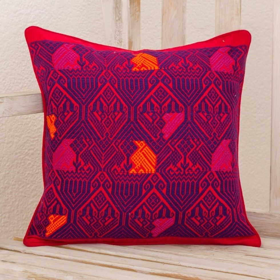 Handwoven Maya Backstrap Loom Red and Purple Cushion Cover 'Birds in Color'