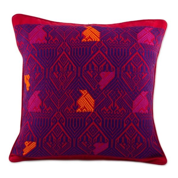 Alternate image for Handwoven Maya Backstrap Loom Red and Purple Cushion Cover Birds in Color