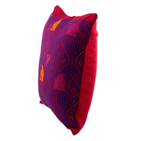Alternate image for Handwoven Maya Backstrap Loom Red and Purple Cushion Cover Birds in Color