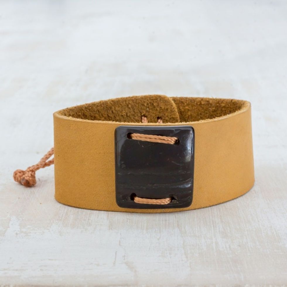 Mustard Leather Coconut Shell Pendant Wristband Bracelet 'Energetic'