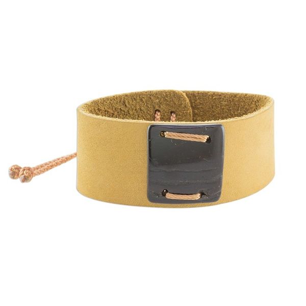 Alternate image for Mustard Leather Coconut Shell Pendant Wristband Bracelet Energetic