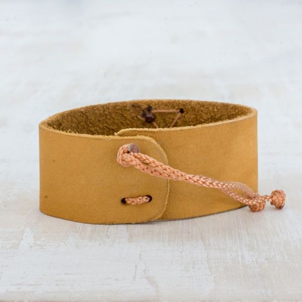 Alternate image for Mustard Leather Coconut Shell Pendant Wristband Bracelet Energetic