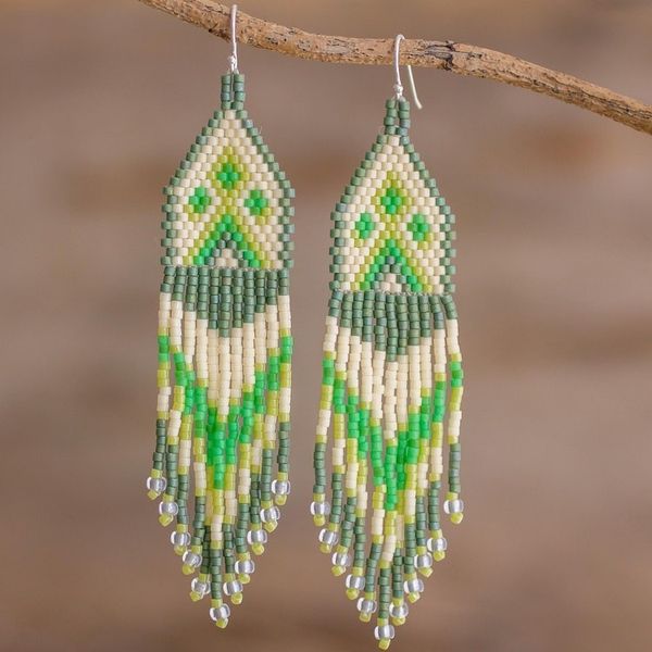 Alternate image for Green and Ivory Woven Bead Waterfall Earrings Peaks and Valleys in Green