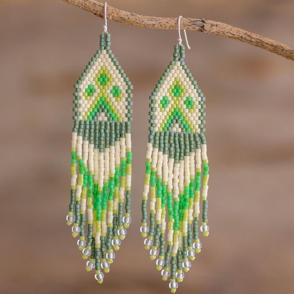 Green and Ivory Woven Bead Waterfall Earrings 'Peaks and Valleys in Green'