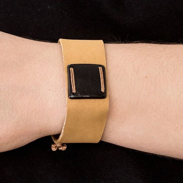 Alternate image for Mustard Leather Coconut Shell Pendant Wristband Bracelet Energetic