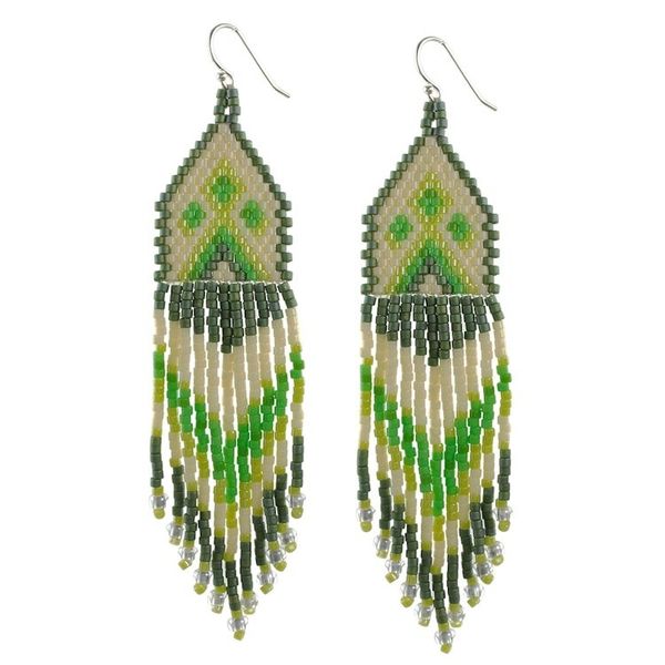 Alternate image for Green and Ivory Woven Bead Waterfall Earrings Peaks and Valleys in Green