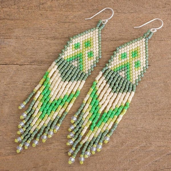 Alternate image for Green and Ivory Woven Bead Waterfall Earrings Peaks and Valleys in Green