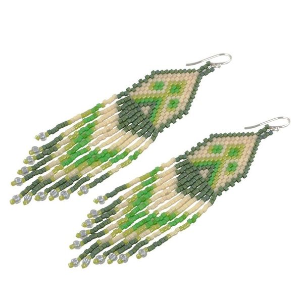 Alternate image for Green and Ivory Woven Bead Waterfall Earrings Peaks and Valleys in Green