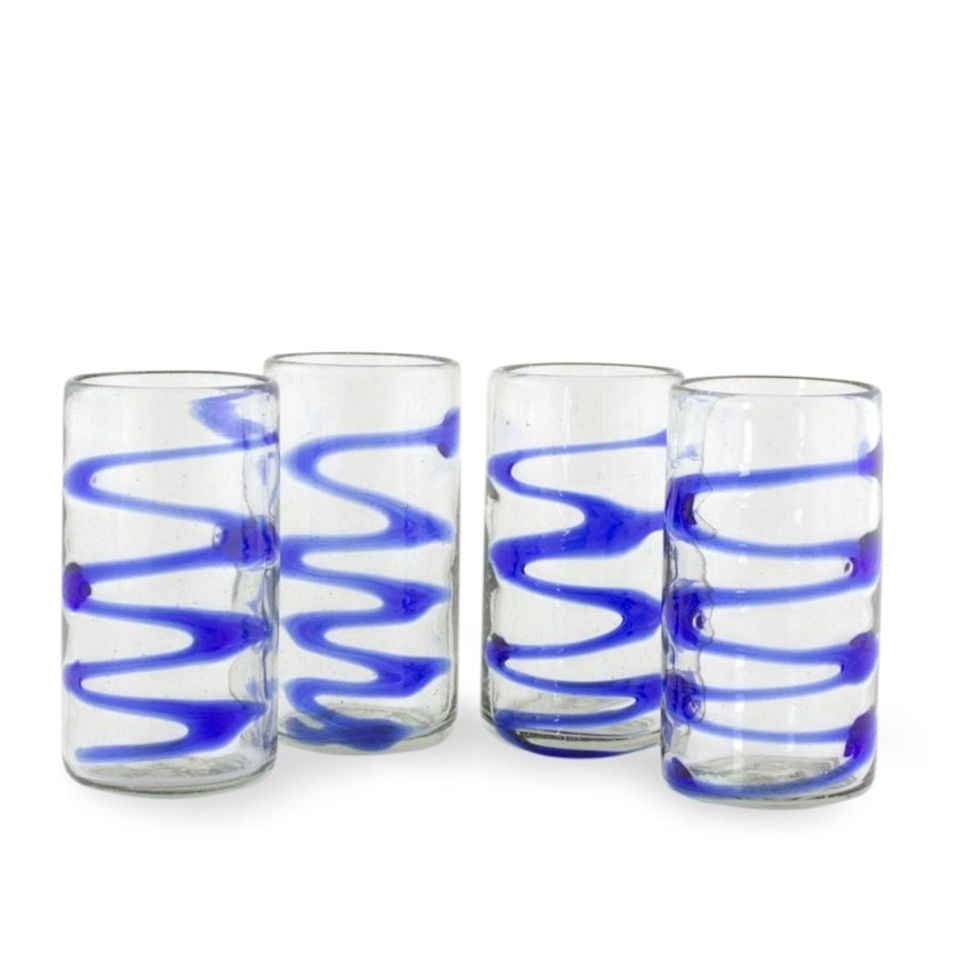 11 oz Tumbler Glasses Hand Blown Glass Art Set of 4 'Blue Ripple'