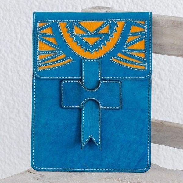 Alternate image for Handcrafted Leather Portfolio in Turquoise from Nicaragua Banks of the San Juan