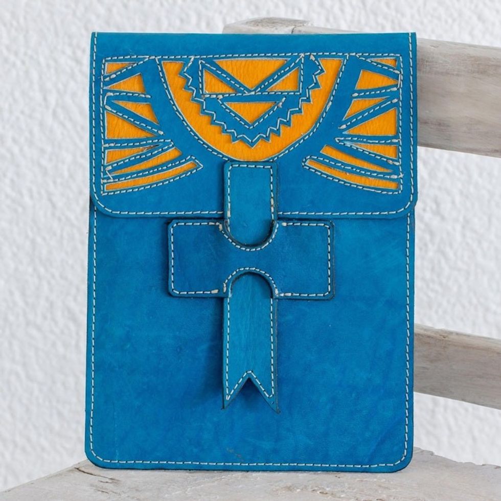 Handcrafted Leather Portfolio in Turquoise from Nicaragua 'Banks of the San Juan'