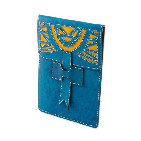 Alternate image for Handcrafted Leather Portfolio in Turquoise from Nicaragua Banks of the San Juan