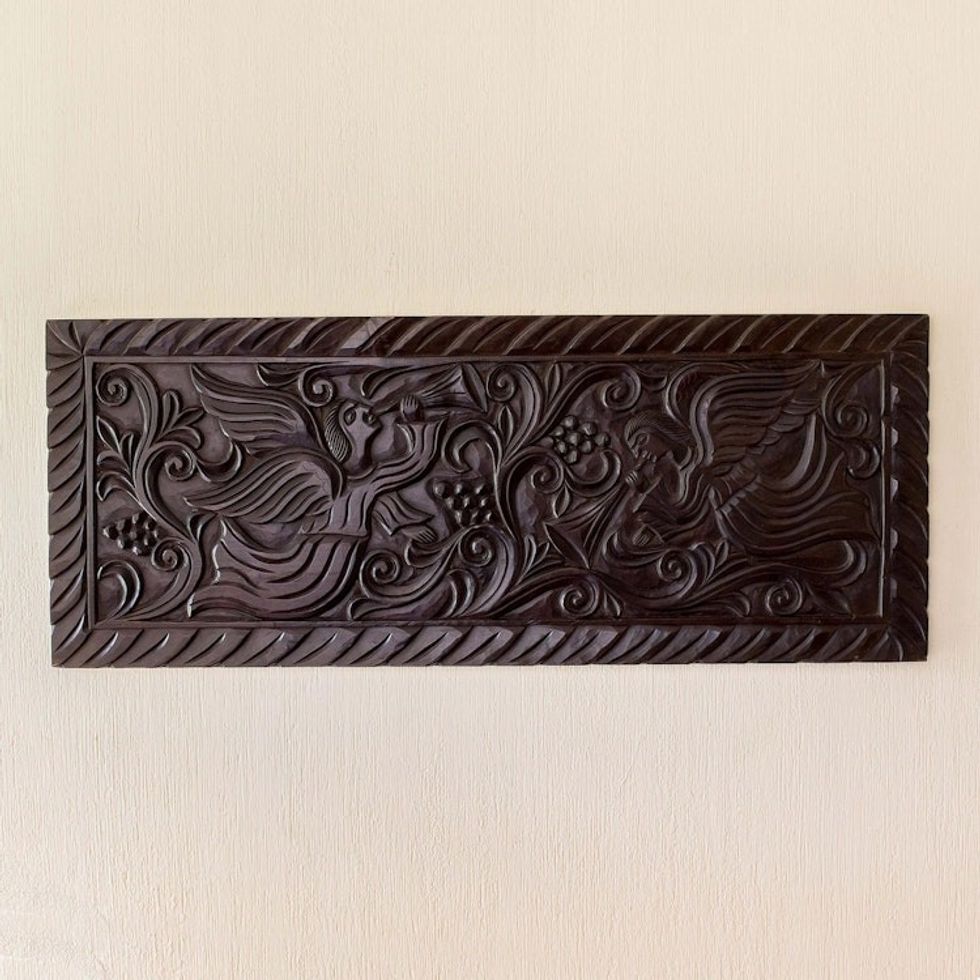 Artisan Crafted Pine Wood Wall Panel with Angel Motif 'Angels with Trumpets'