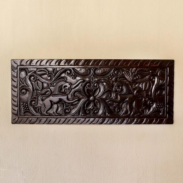 Alternate image for Artisan Crafted Wood Relief Panel with Lion Motif Guardian Lions