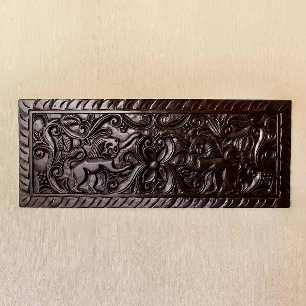 Artisan Crafted Wood Relief Panel with Lion Motif 'Guardian Lions'