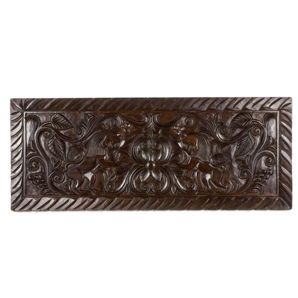 Alternate image for Artisan Crafted Wood Relief Panel with Lion Motif Guardian Lions