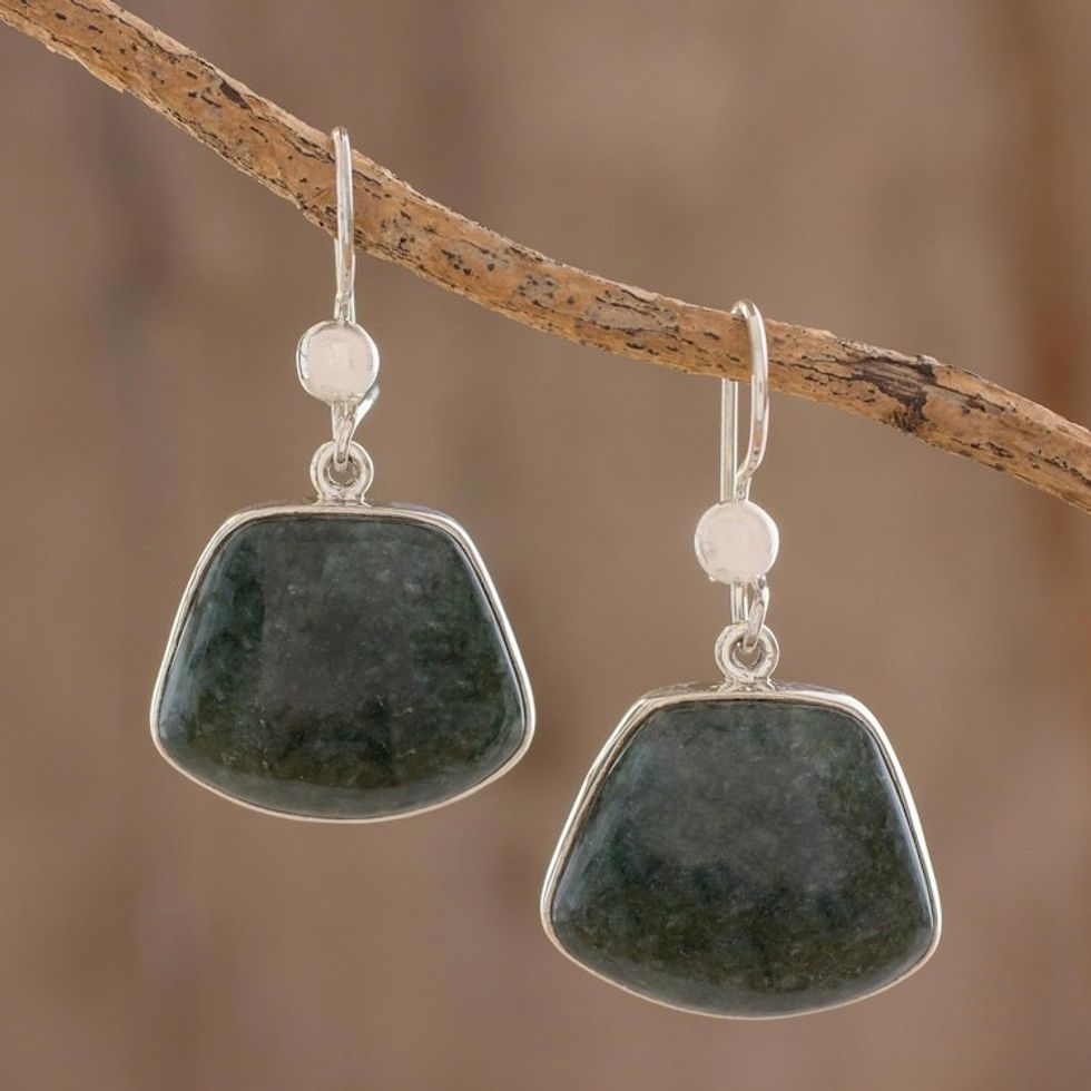 Hand Made Sterling Silver Dangle Jade Earrings 'Dark Maya Quetzal'
