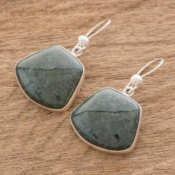 Alternate image for Hand Made Sterling Silver Dangle Jade Earrings Dark Maya Quetzal