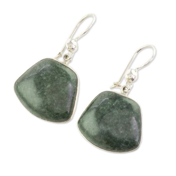 Alternate image for Hand Made Sterling Silver Dangle Jade Earrings Dark Maya Quetzal