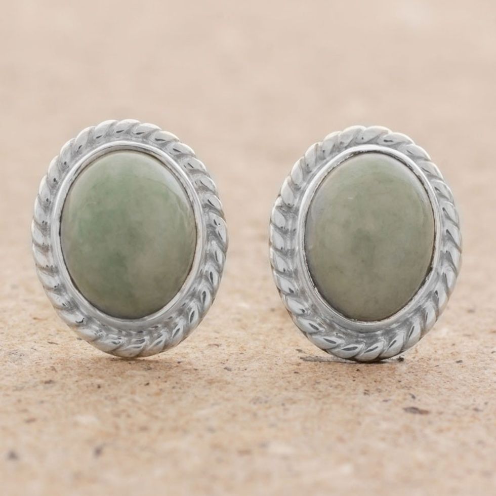 Light Green Jade Oval Stud Earrings from Guatemala 'Oval Lassos'