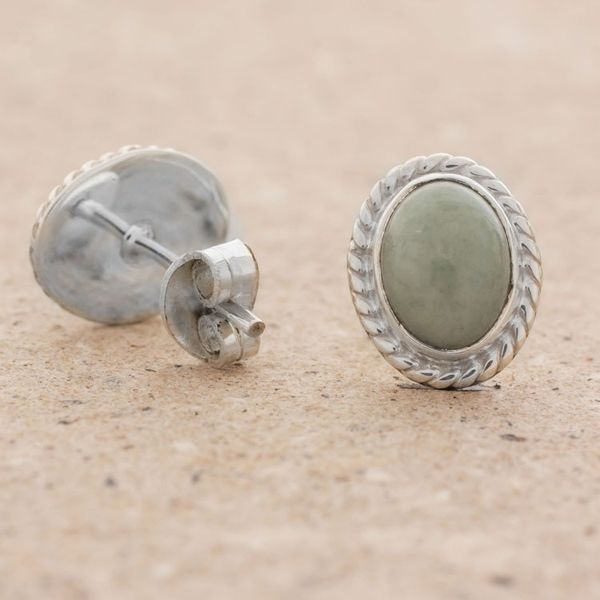 Alternate image for Light Green Jade Oval Stud Earrings from Guatemala Oval Lassos
