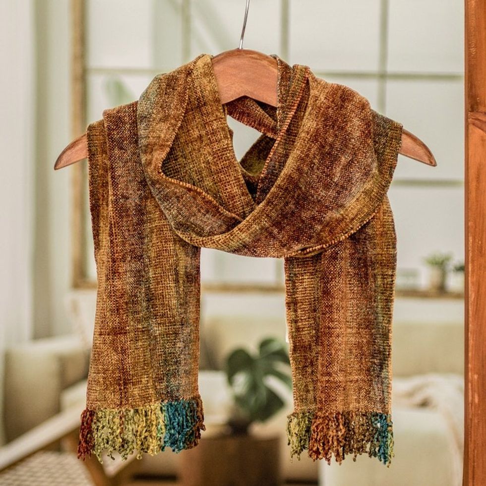 Artisan Crafted Rayon Chenille Scarf from Central America 'Autumn Breeze'
