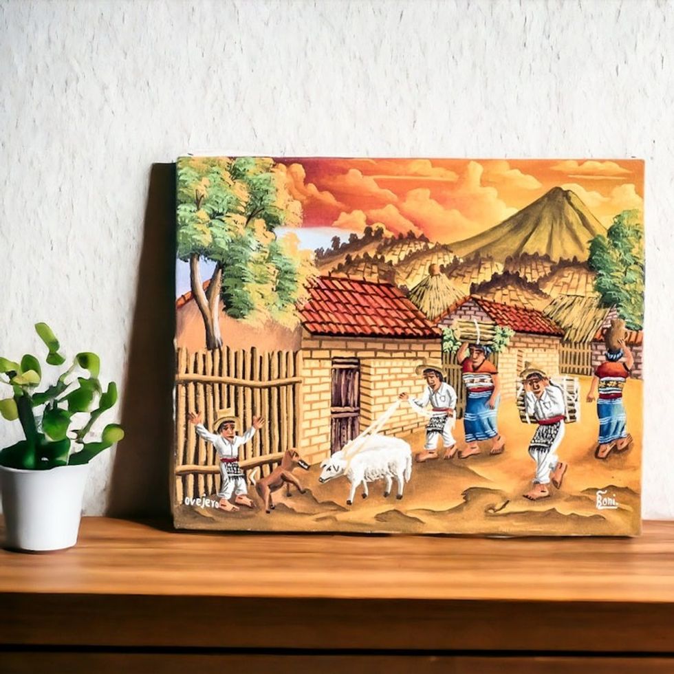 Oil Painting of a Village in Guatemala at Sunset 'Shepherd'