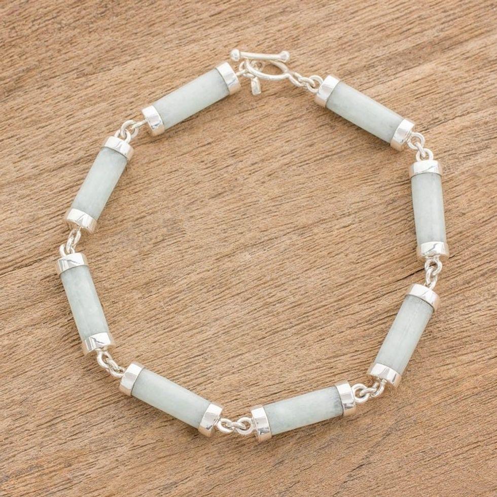 Light Jade Cylinders Sterling Silver Link Wristband Bracelet 'Calm Beauty'