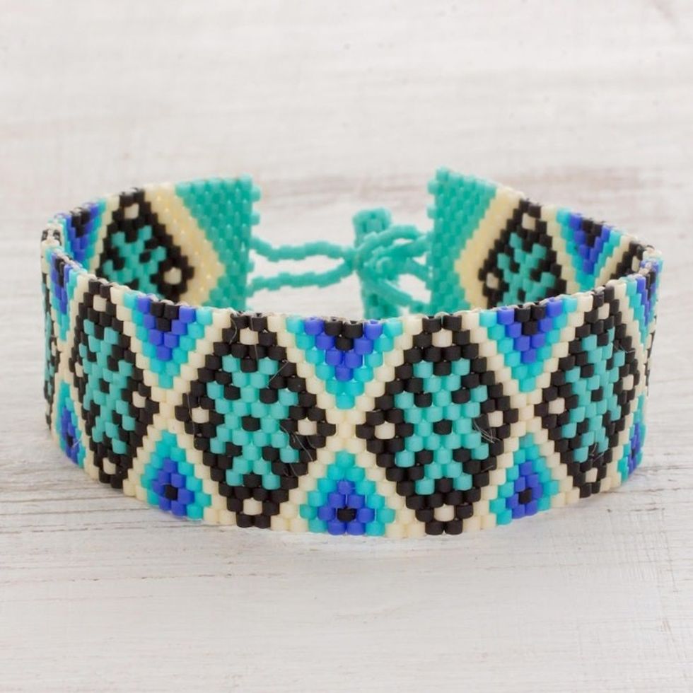 Blue and Black Geometric Beaded Wristband Bracelet 'Sea Stars'