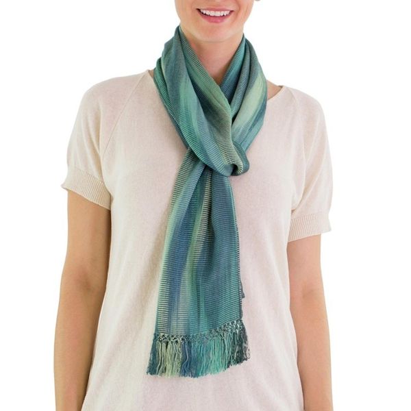 Alternate image for Hand Woven Rayon Scarf in Light and Dark Green Iridescent Emerald