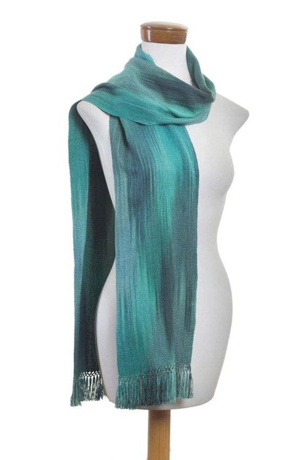 Alternate image for Hand Woven Rayon Scarf in Light and Dark Green Iridescent Emerald