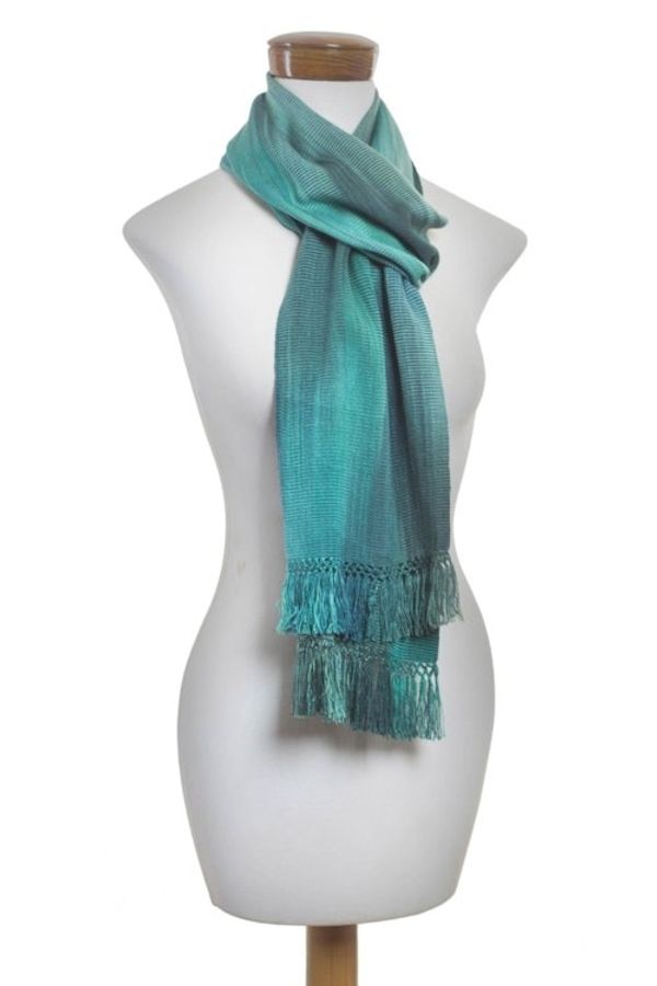 Alternate image for Hand Woven Rayon Scarf in Light and Dark Green Iridescent Emerald