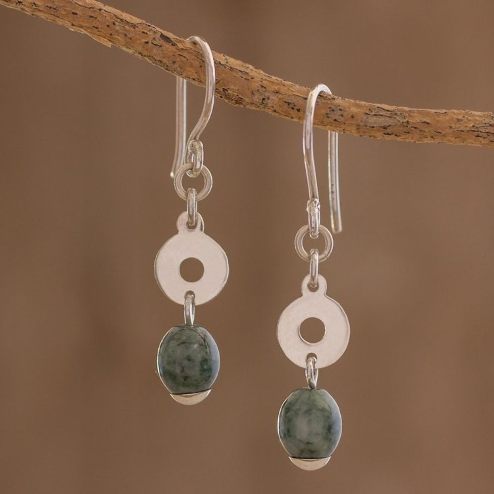 Circular Green Jade Dangle Earrings from Guatemala 'Garden Rings'