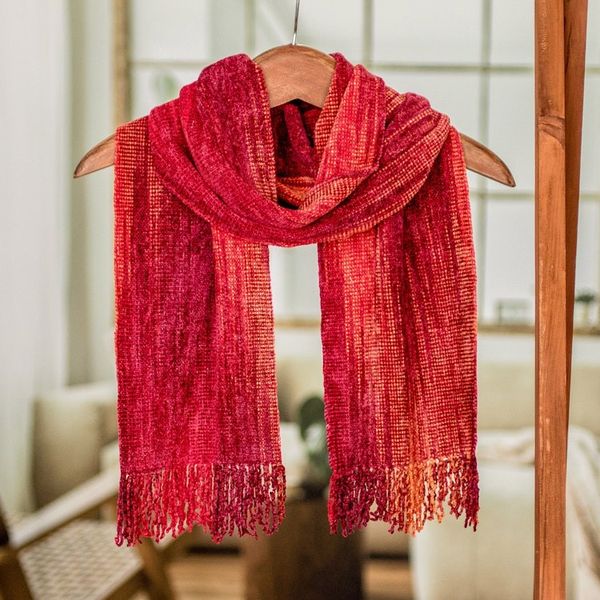 Alternate image for Red and Burgundy Handwoven Rayon Chenille Scarf Crimson Embrace