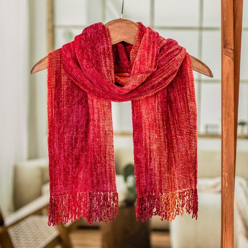 Red and Burgundy Handwoven Rayon Chenille Scarf 'Crimson Embrace'