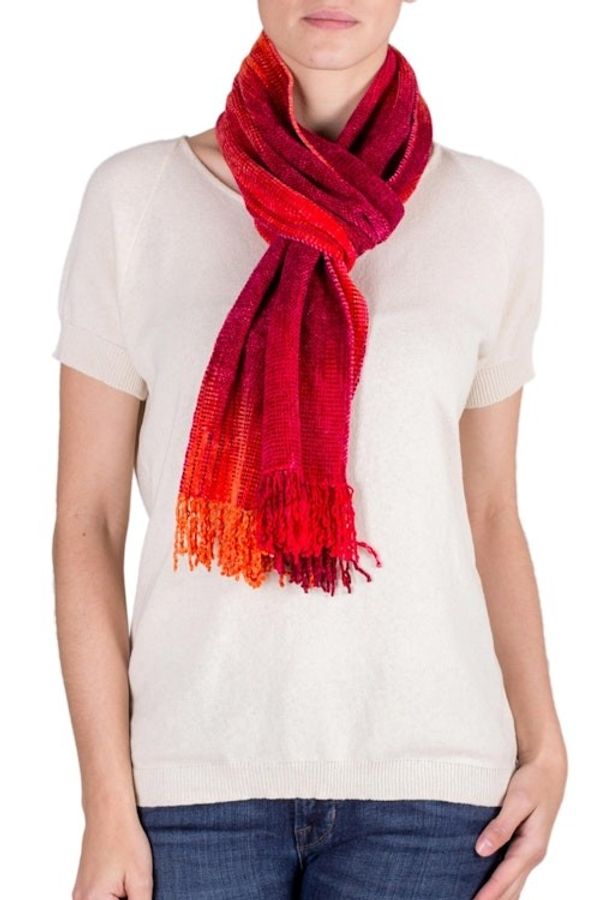 Alternate image for Red and Burgundy Handwoven Rayon Chenille Scarf Crimson Embrace