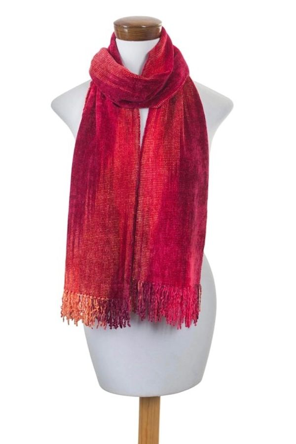 Alternate image for Red and Burgundy Handwoven Rayon Chenille Scarf Crimson Embrace